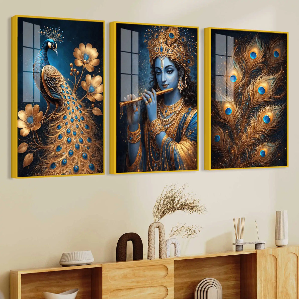 Spiritual Krishna and Peacock Acrylic Wall Décor Painting Set of 3