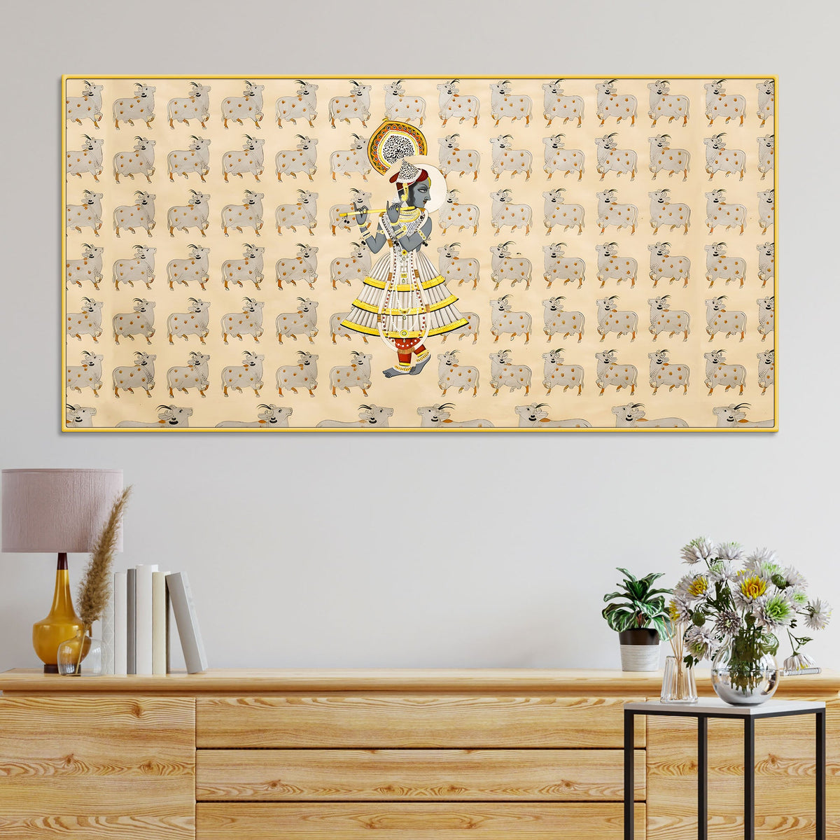 Spiritual Krishna & Gau Mata Pichwai Canvas Wall Painting – Divine Wall Decor