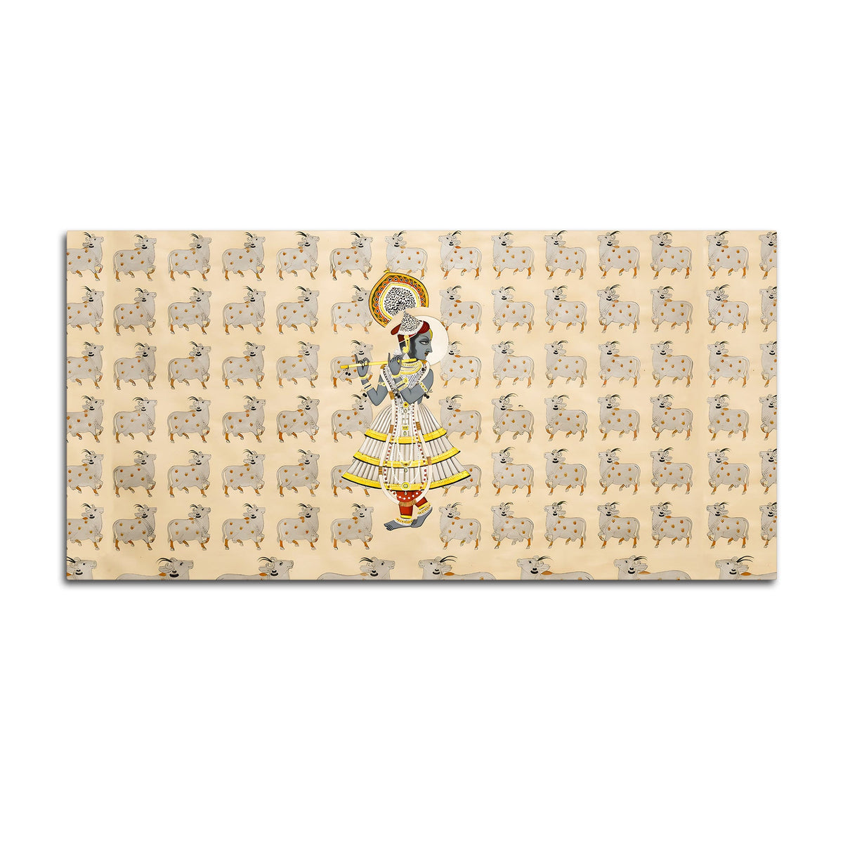 Spiritual Krishna & Gau Mata Pichwai Canvas Wall Painting – Divine Wall Decor