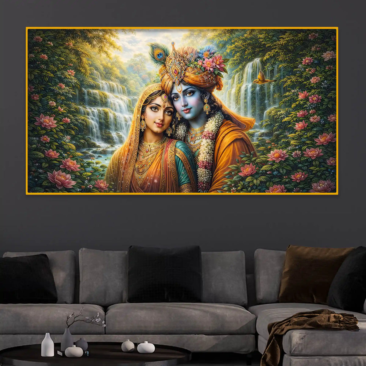 Spiritual Radha Krishna Crystal Glass Wall Art Nature Scene Painting
