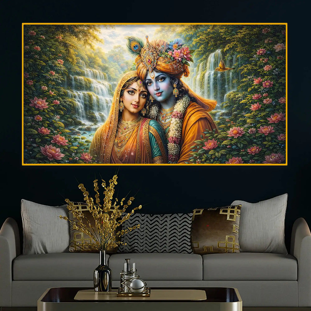 Spiritual Radha Krishna Crystal Glass Wall Art Nature Scene Painting