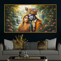 Spiritual Radha Krishna Crystal Glass Wall Art Nature Scene Painting