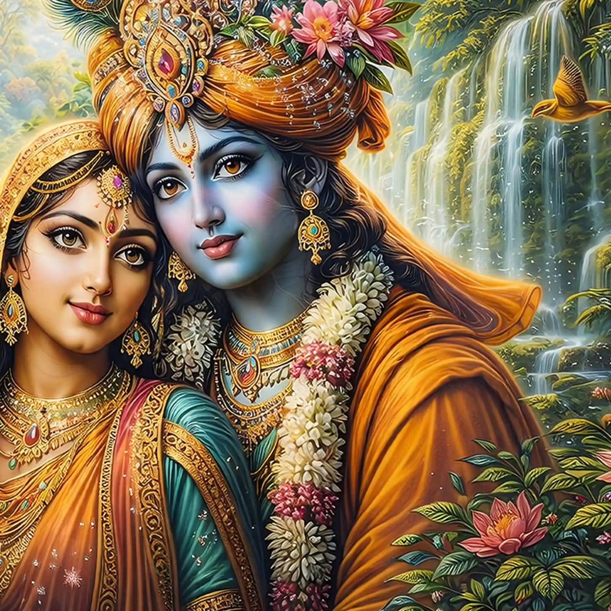 Spiritual Radha Krishna Crystal Glass Wall Art Nature Scene Painting