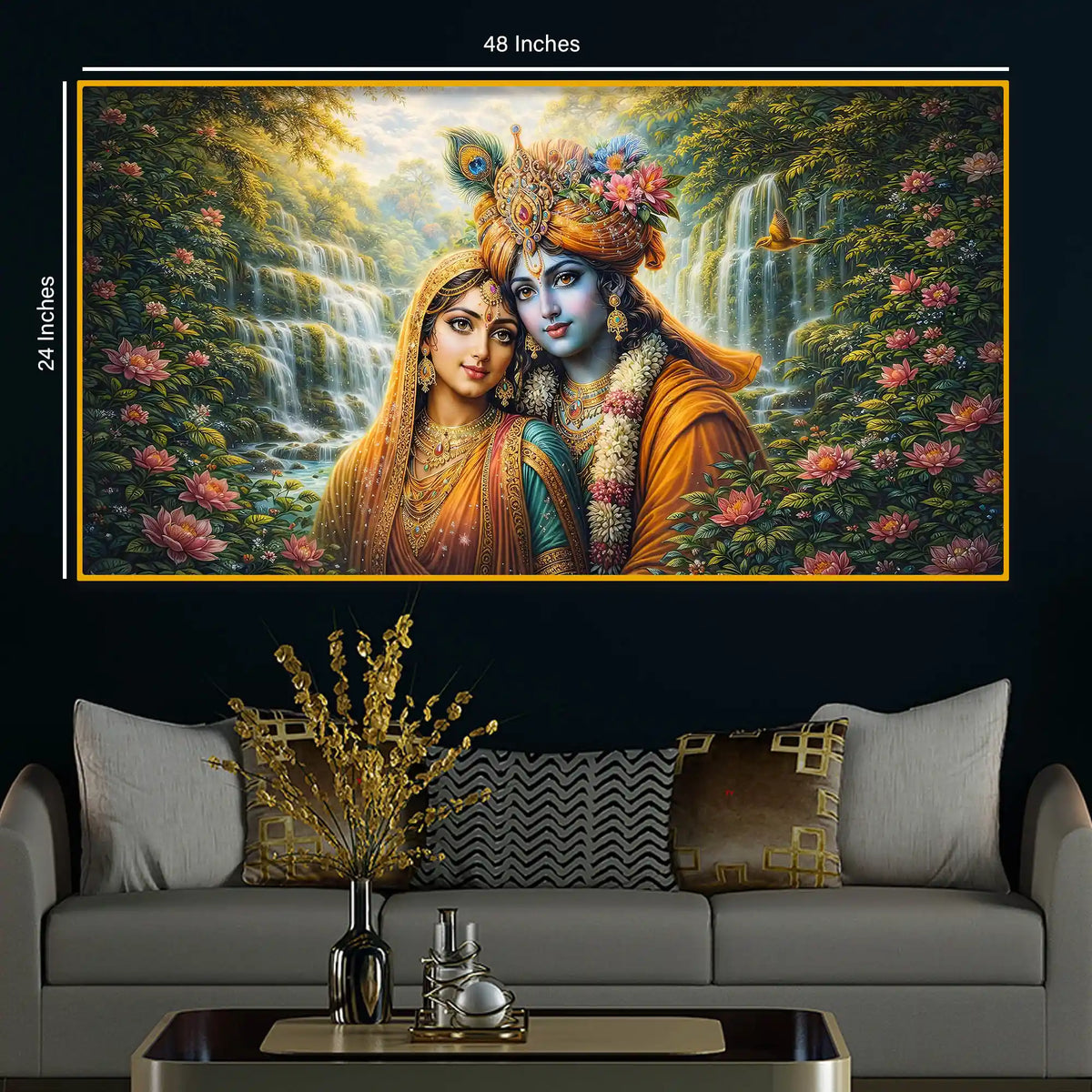 Spiritual Radha Krishna Crystal Glass Wall Art Nature Scene Painting
