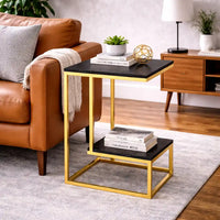 Square Geometric Elegant Golden Metal Finish Side Table with Black Marble