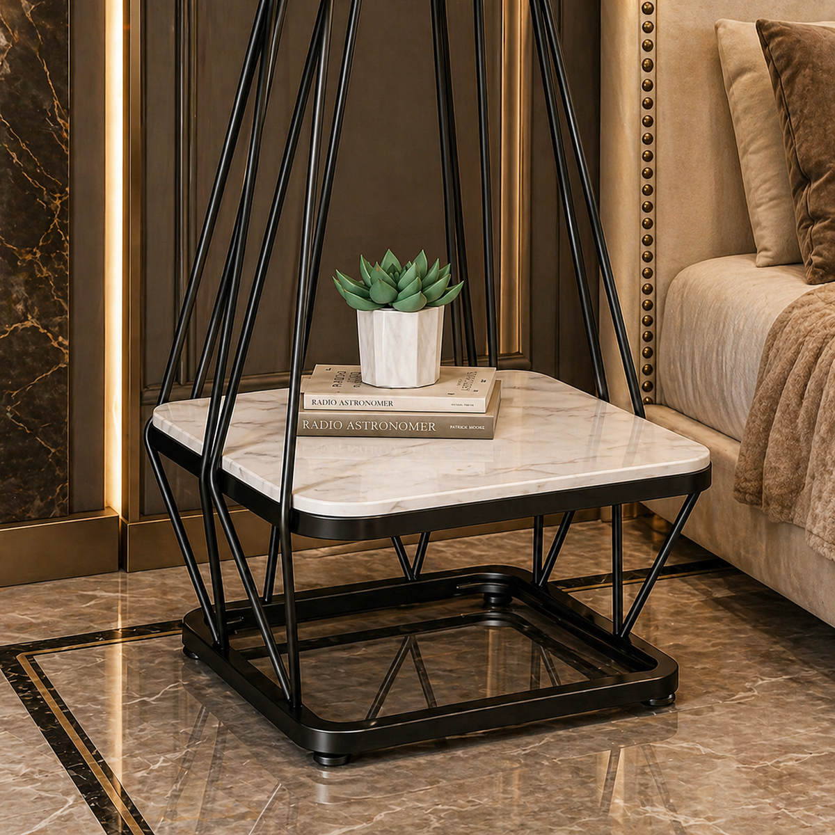 Modern Square Shaped Creative Artistic Black Metal Finish with White Marble