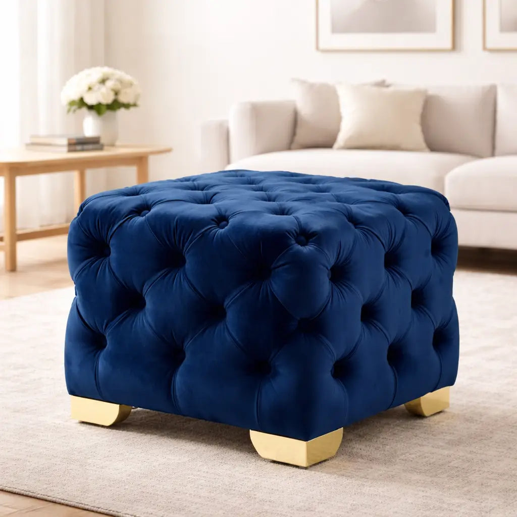 Square Shaped Royal Blue Velvet Ottoman with Golden Metal Finish