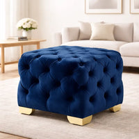 Square Shaped Royal Blue Velvet Ottoman with Golden Metal Finish