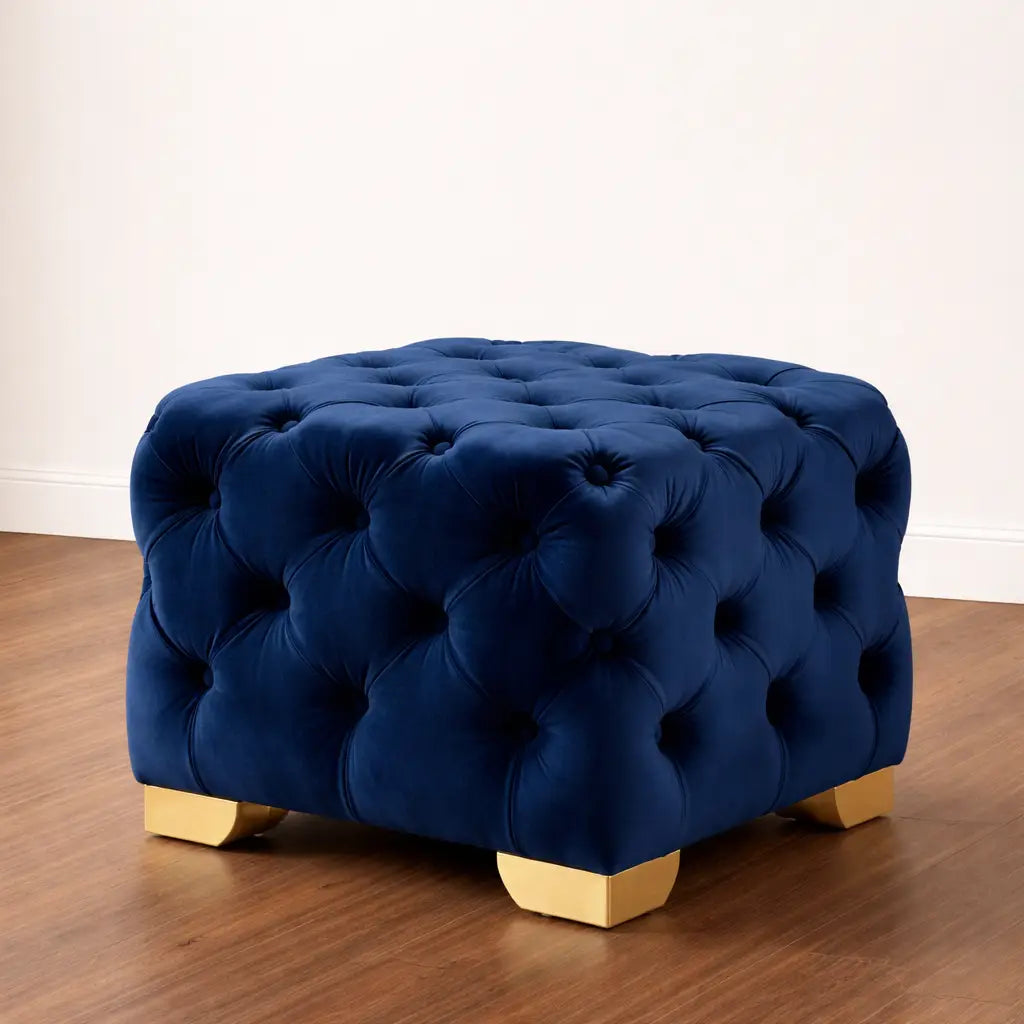 Square Shaped Royal Blue Velvet Ottoman with Golden Metal Finish