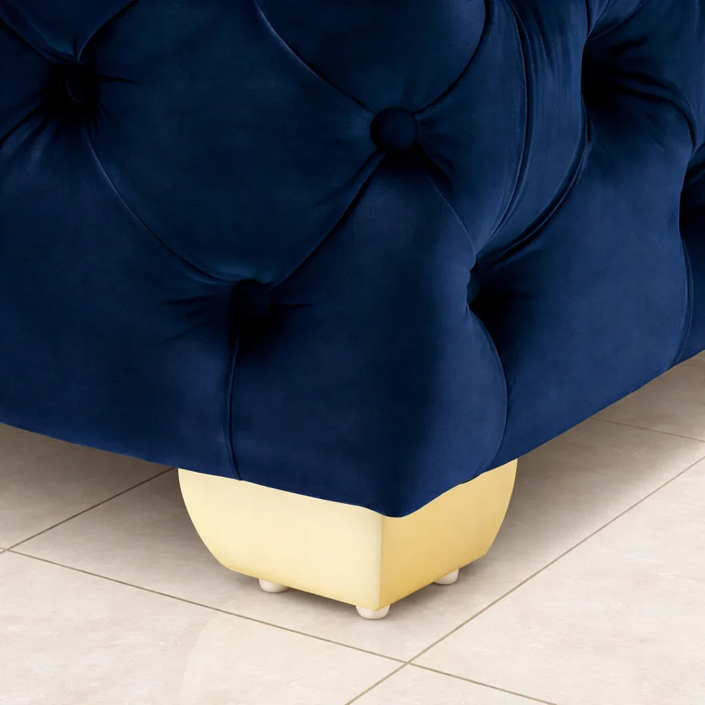 Square Shaped Royal Blue Velvet Ottoman with Golden Metal Finish