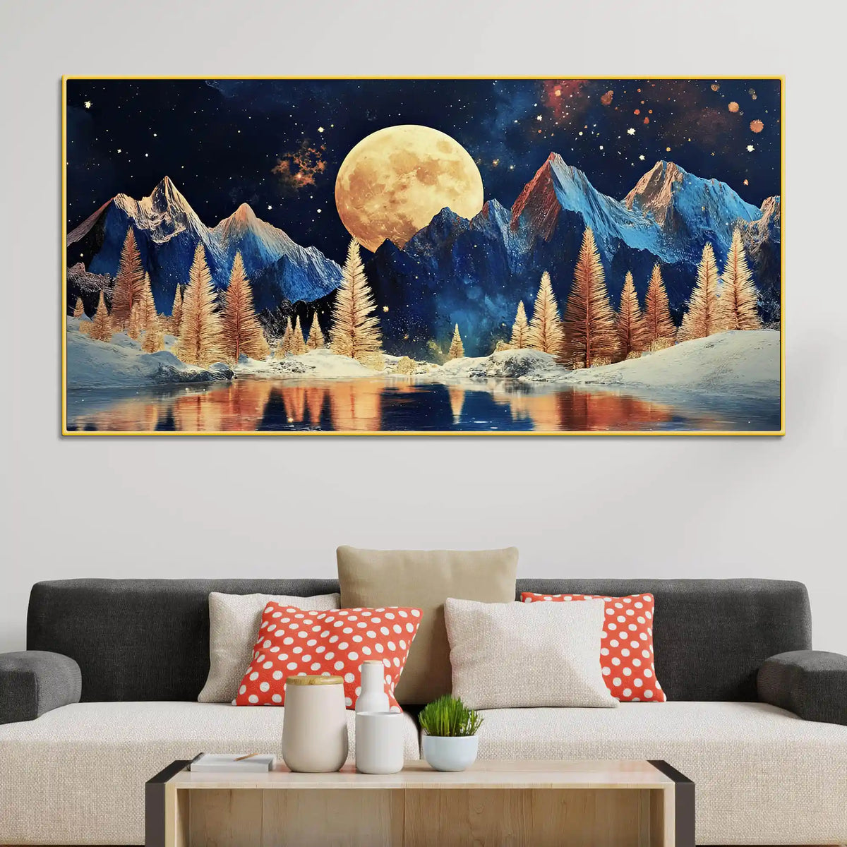 Starry Night Mountain Lake Abstract Canvas Painting