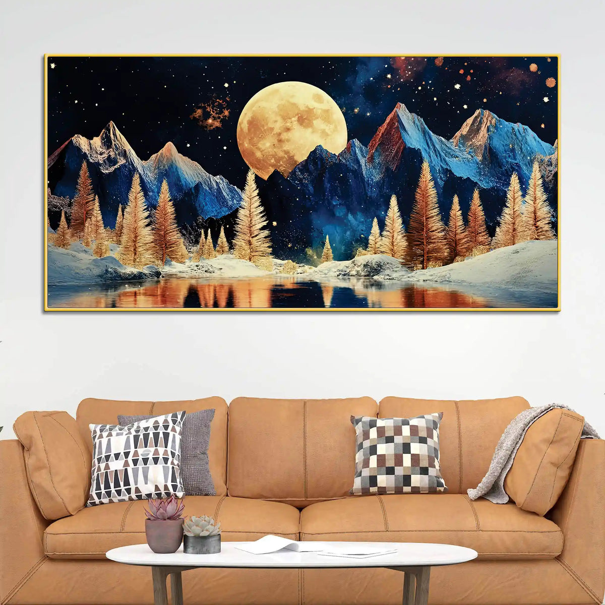 Starry Night Mountain Lake Abstract Canvas Painting