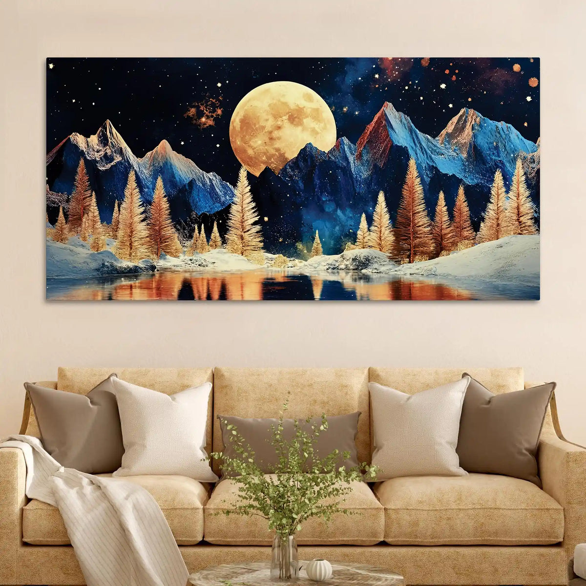 Starry Night Mountain Lake Abstract Canvas Painting