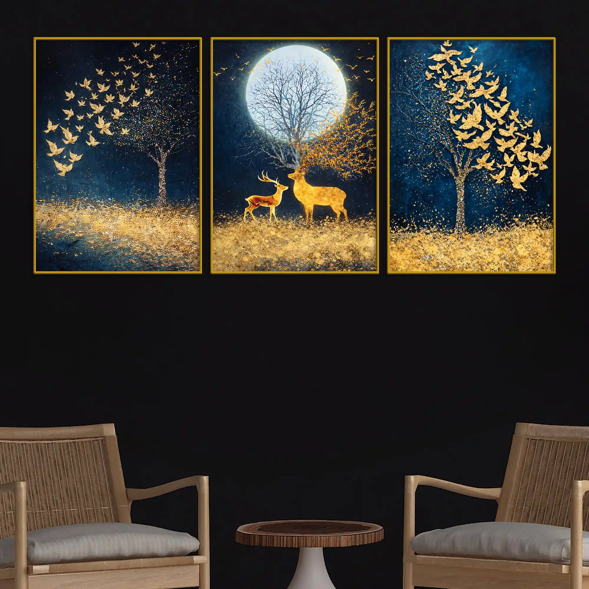 Starry Night Sky Birds & Deer Under Full Moon Floating Frame Crystal Wall Painting Set of 3