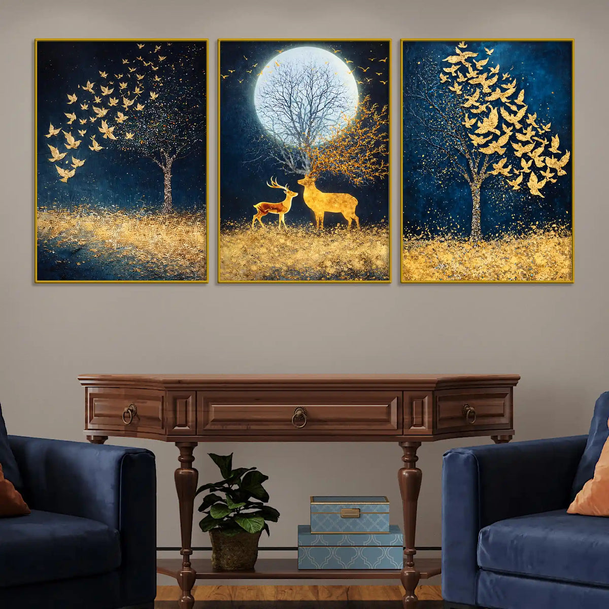 Starry Night Sky Birds & Deer Under Full Moon Floating Frame Crystal Wall Painting Set of 3