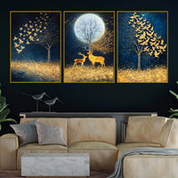 Starry Night Sky Birds & Deer Under Full Moon Floating Frame Crystal Wall Painting Set of 3