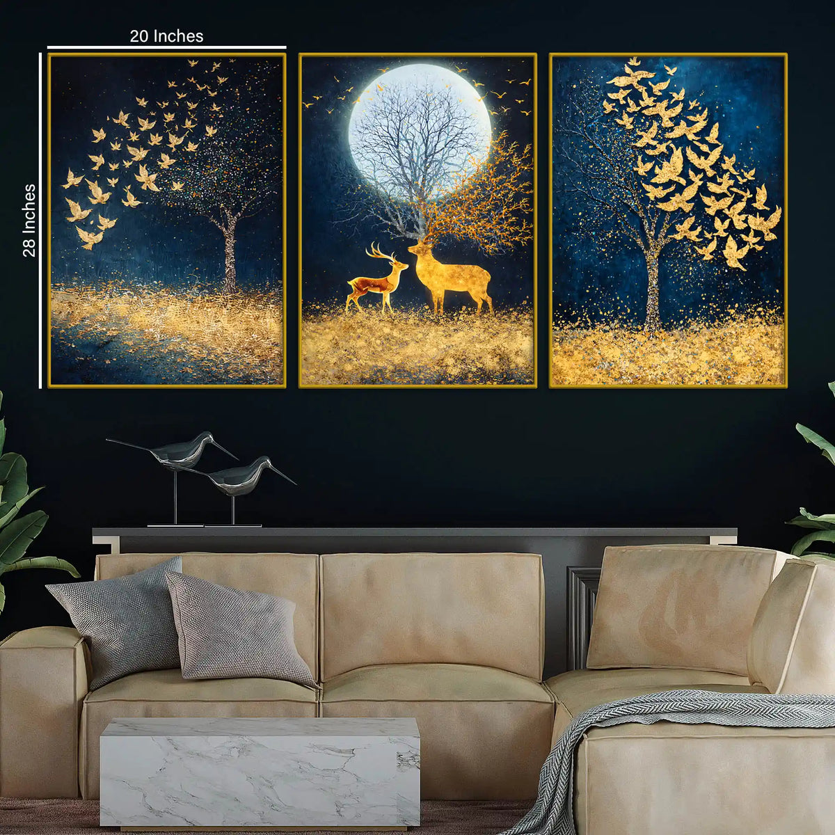 Starry Night Sky Birds & Deer Under Full Moon Floating Frame Crystal Wall Painting Set of 3