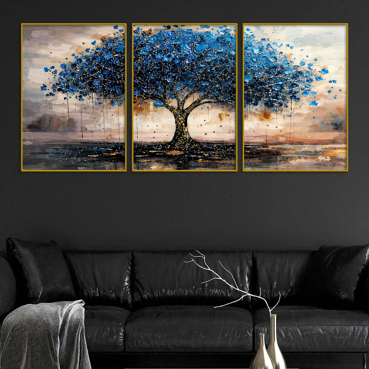 Stunning Abstract Blue Tree Floating Frame Crystal Wall Painting Set of 3