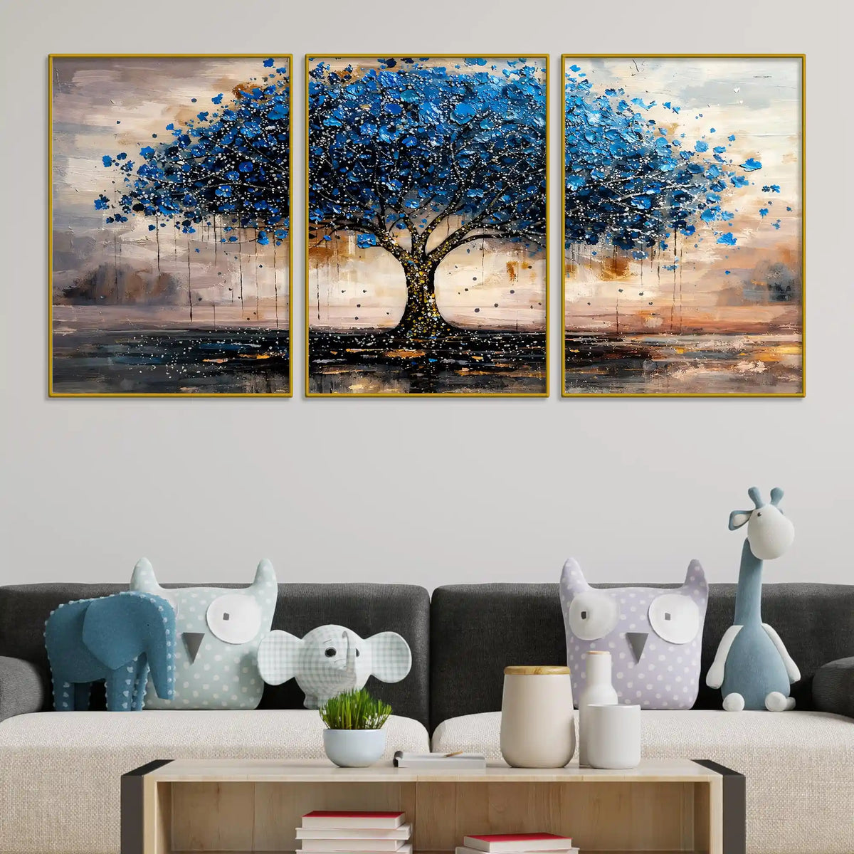 Stunning Abstract Blue Tree Floating Frame Crystal Wall Painting Set of 3