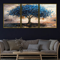Stunning Abstract Blue Tree Floating Frame Crystal Wall Painting Set of 3
