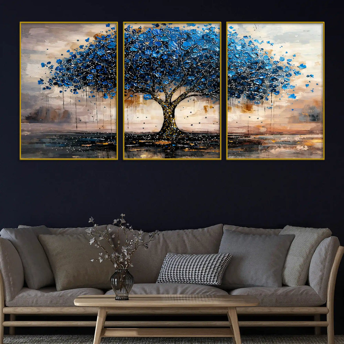 Stunning Abstract Blue Tree Floating Frame Crystal Wall Painting Set of 3