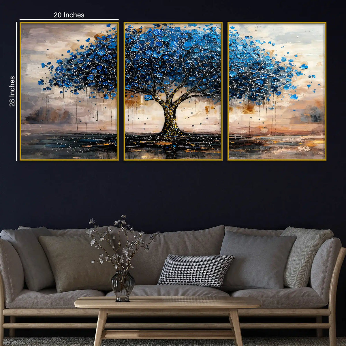 Stunning Abstract Blue Tree Floating Frame Crystal Wall Painting Set of 3