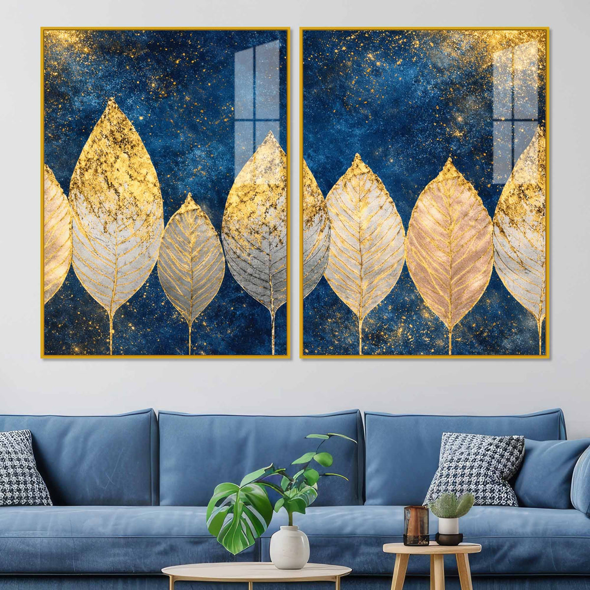 Stunning Golden Botanical Leaves Acrylic Floating Wall Painting Set of 2