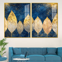 Stunning Golden Botanical Leaves Acrylic Floating Wall Painting Set of 2