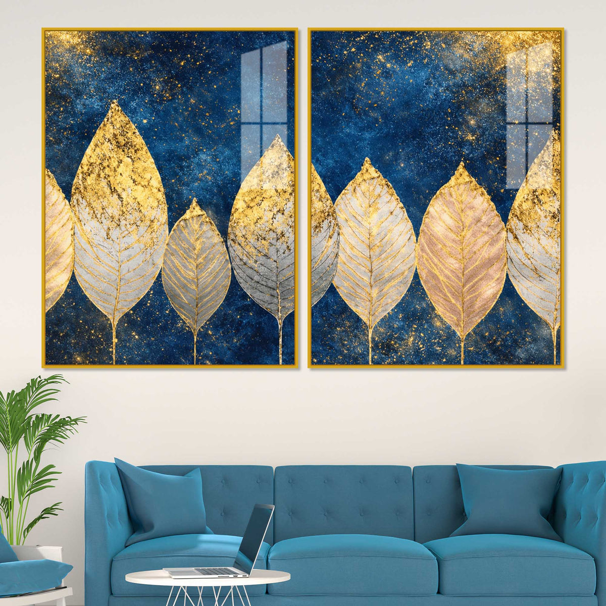 Stunning Golden Botanical Leaves Acrylic Floating Wall Painting Set of 2