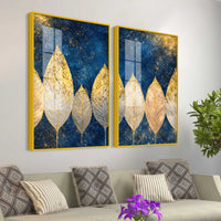 Stunning Golden Botanical Leaves Acrylic Floating Wall Painting Set of 2