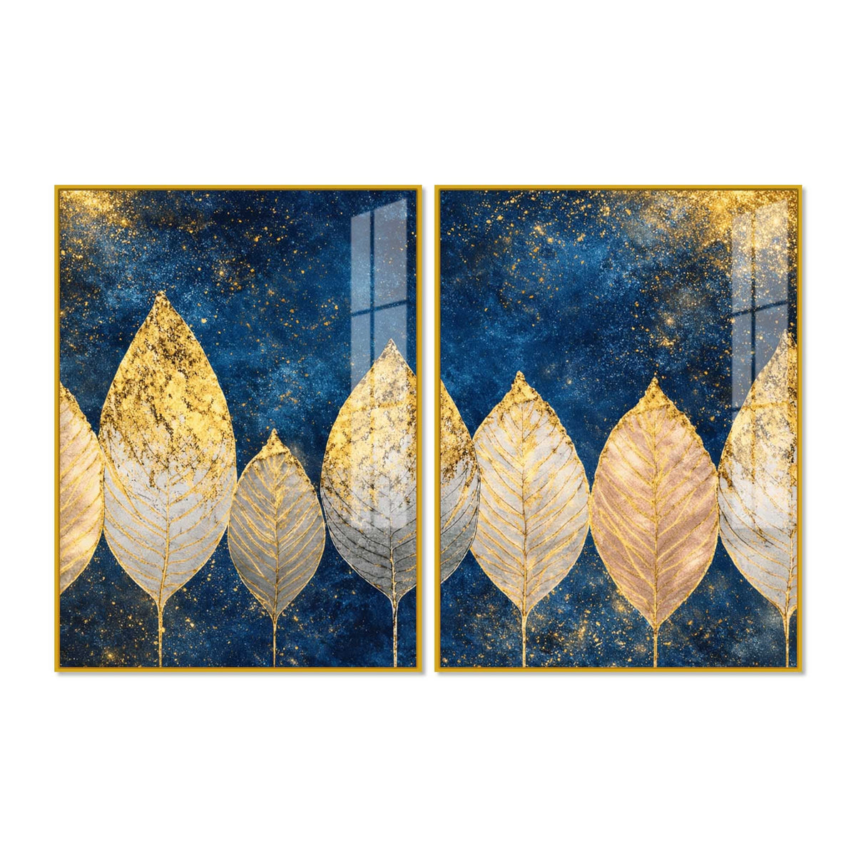Stunning Golden Botanical Leaves Acrylic Floating Wall Painting Set of 2
