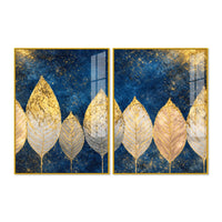 Stunning Golden Botanical Leaves Acrylic Floating Wall Painting Set of 2