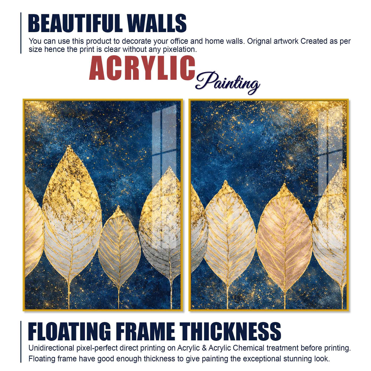 Stunning Golden Botanical Leaves Acrylic Floating Wall Painting Set of 2