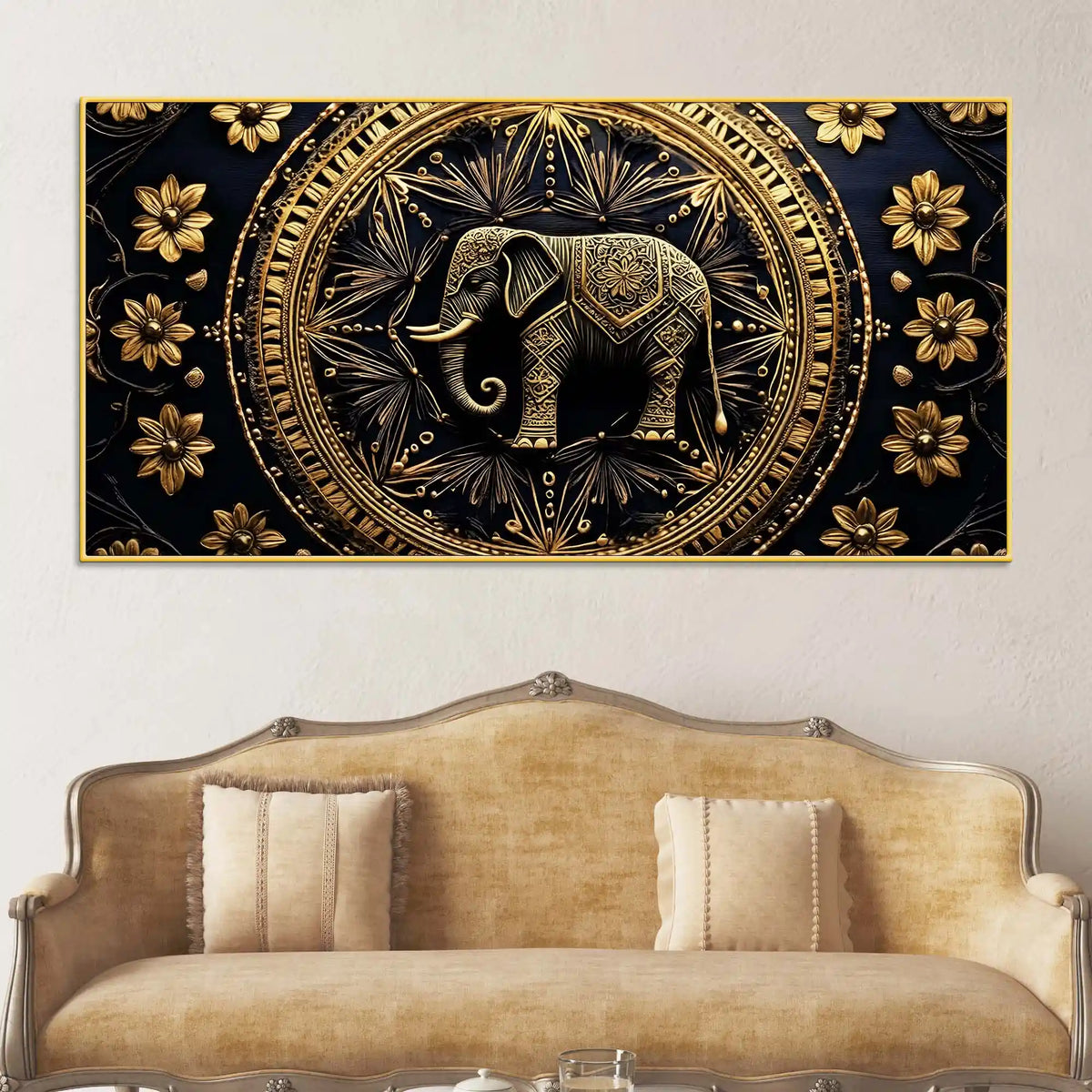 Stunning Golden Elephant Mandala Canvas Wall Painting