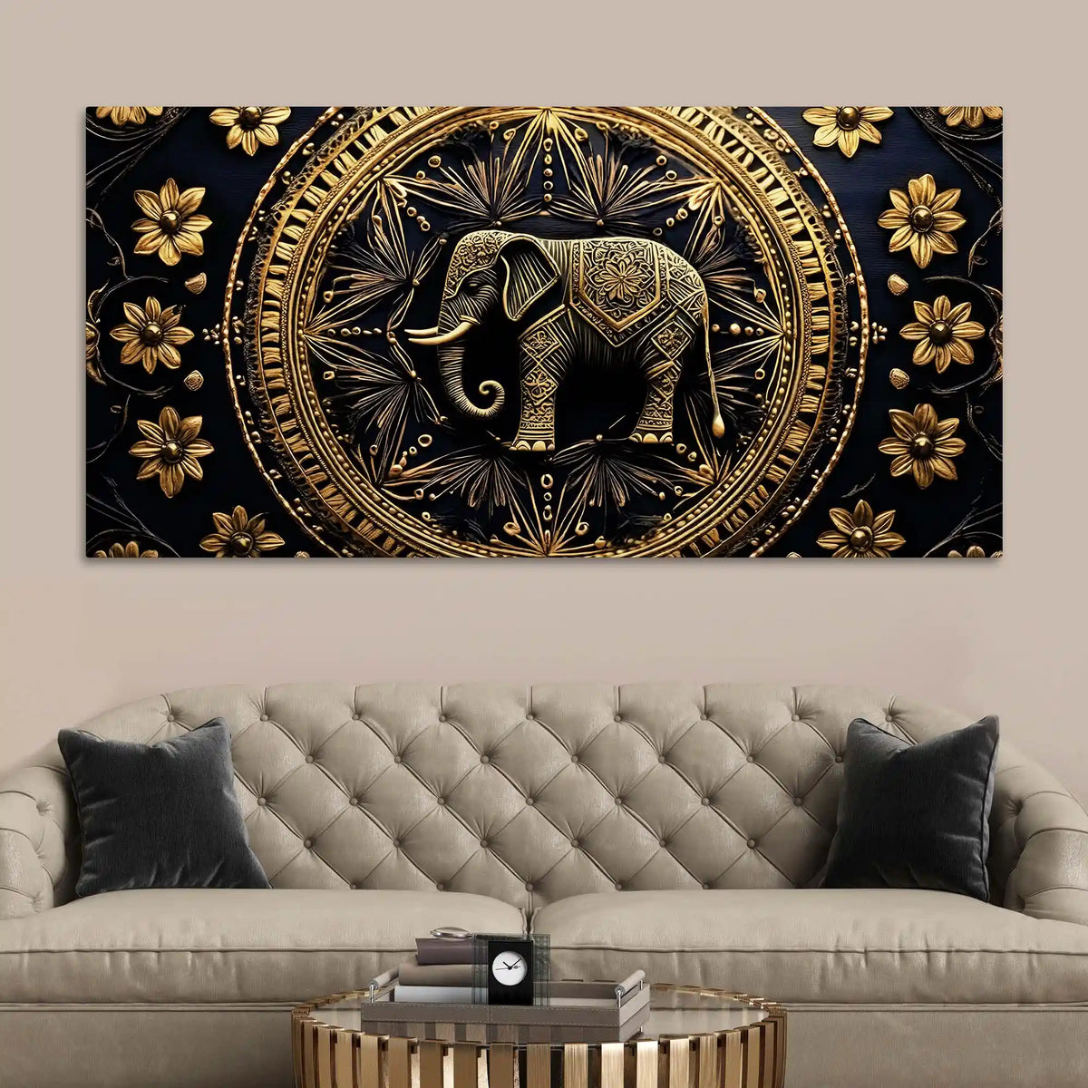 Stunning Golden Elephant Mandala Canvas Wall Painting
