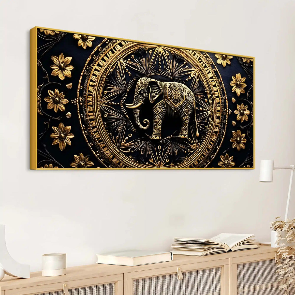 Stunning Golden Elephant Mandala Canvas Wall Painting