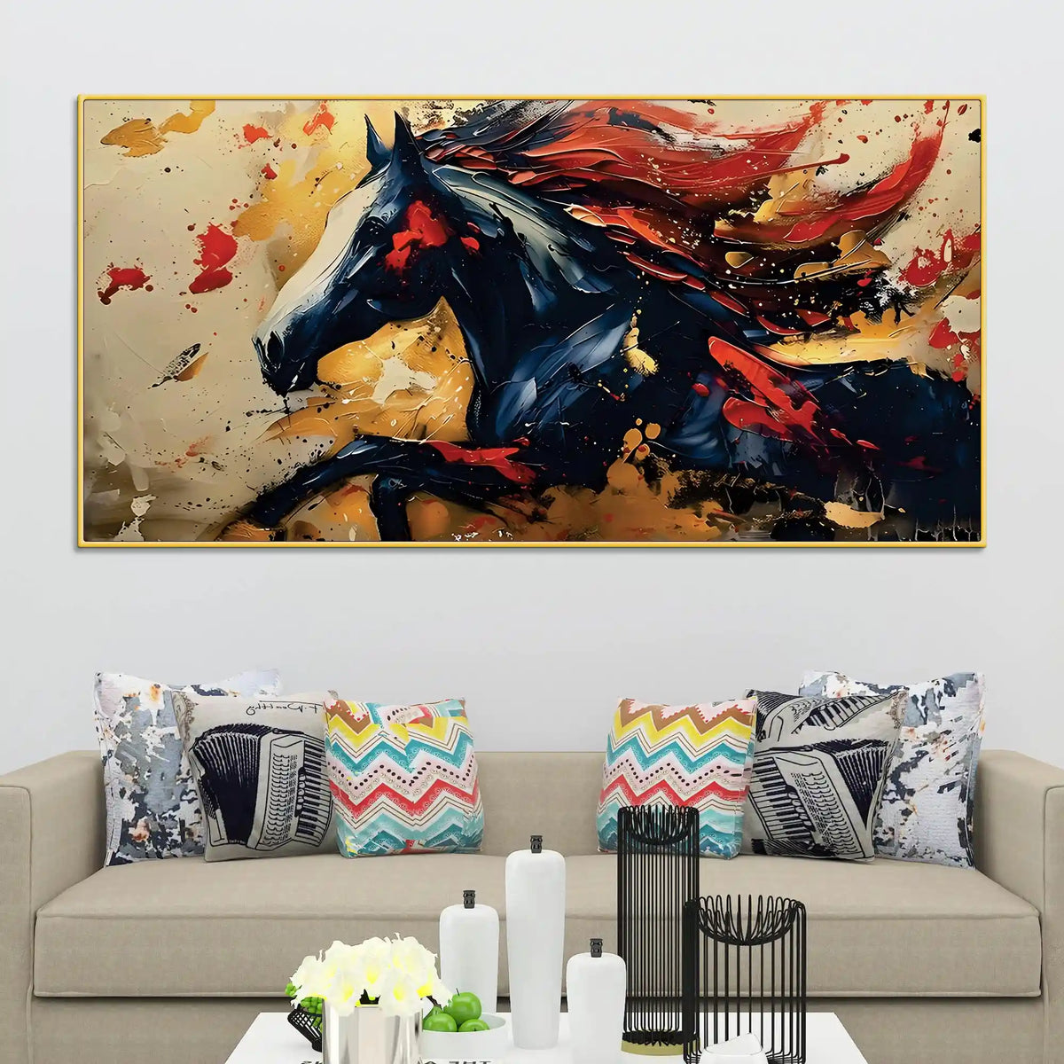 Stylish Black Red Horse Canvas Wall Art Abstract Painting