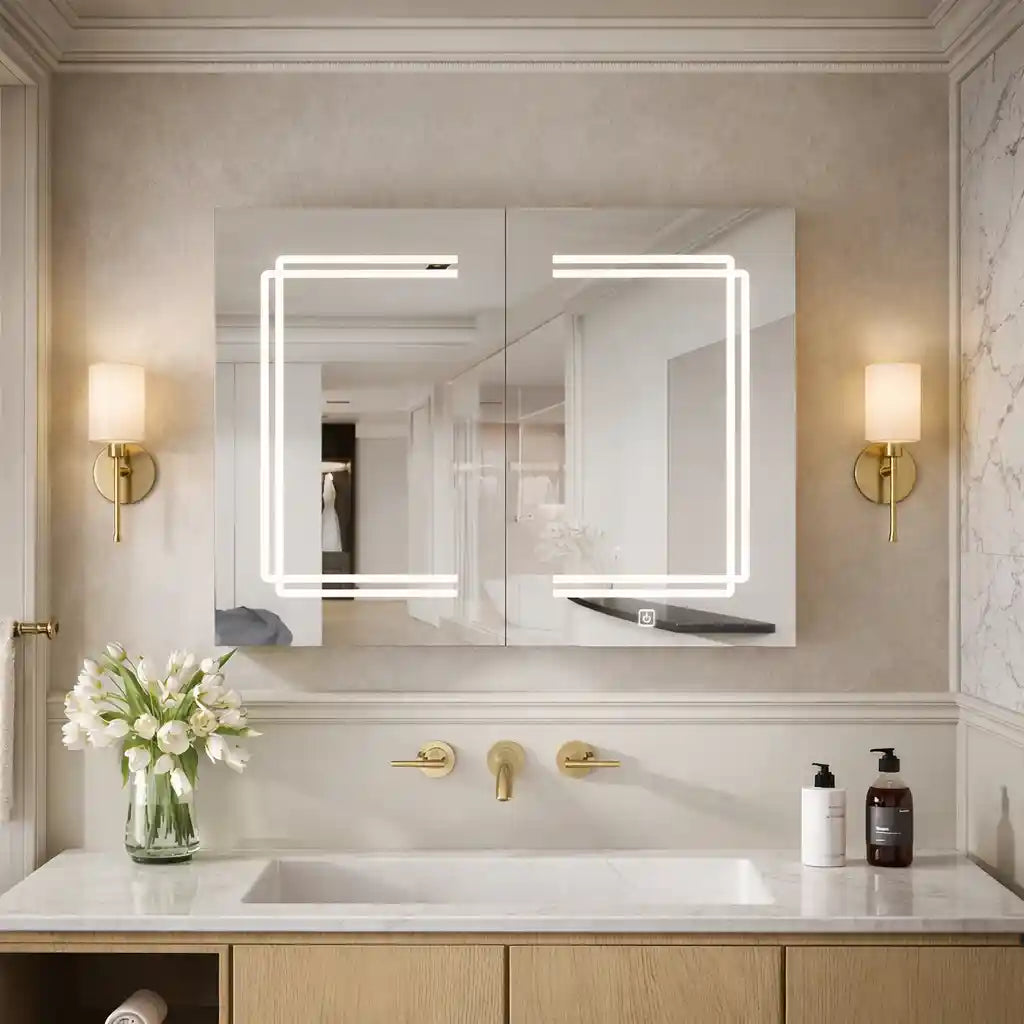 Stylish Double Panel Mirror Cabinet with LED Border and Storage