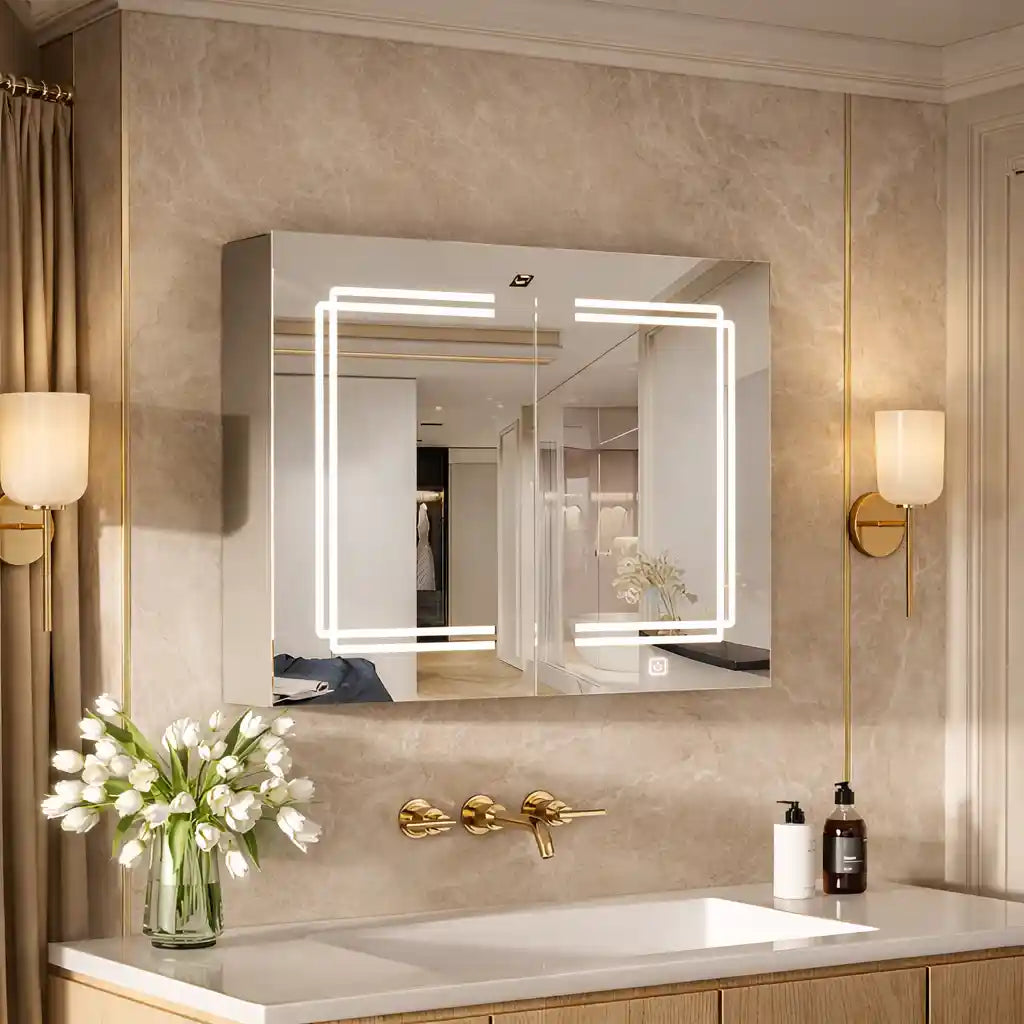 Stylish Double Panel Mirror Cabinet with LED Border and Storage