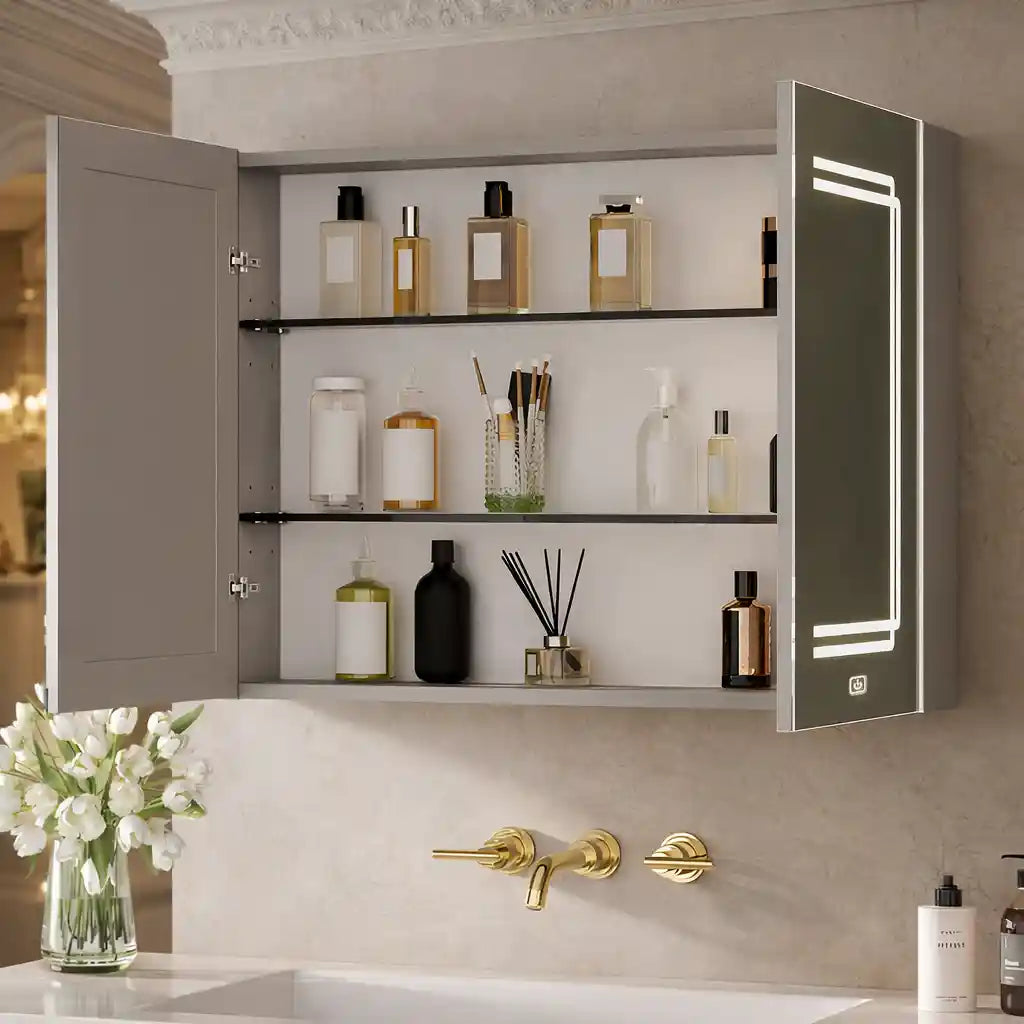 Stylish Double Panel Mirror Cabinet with LED Border and Storage