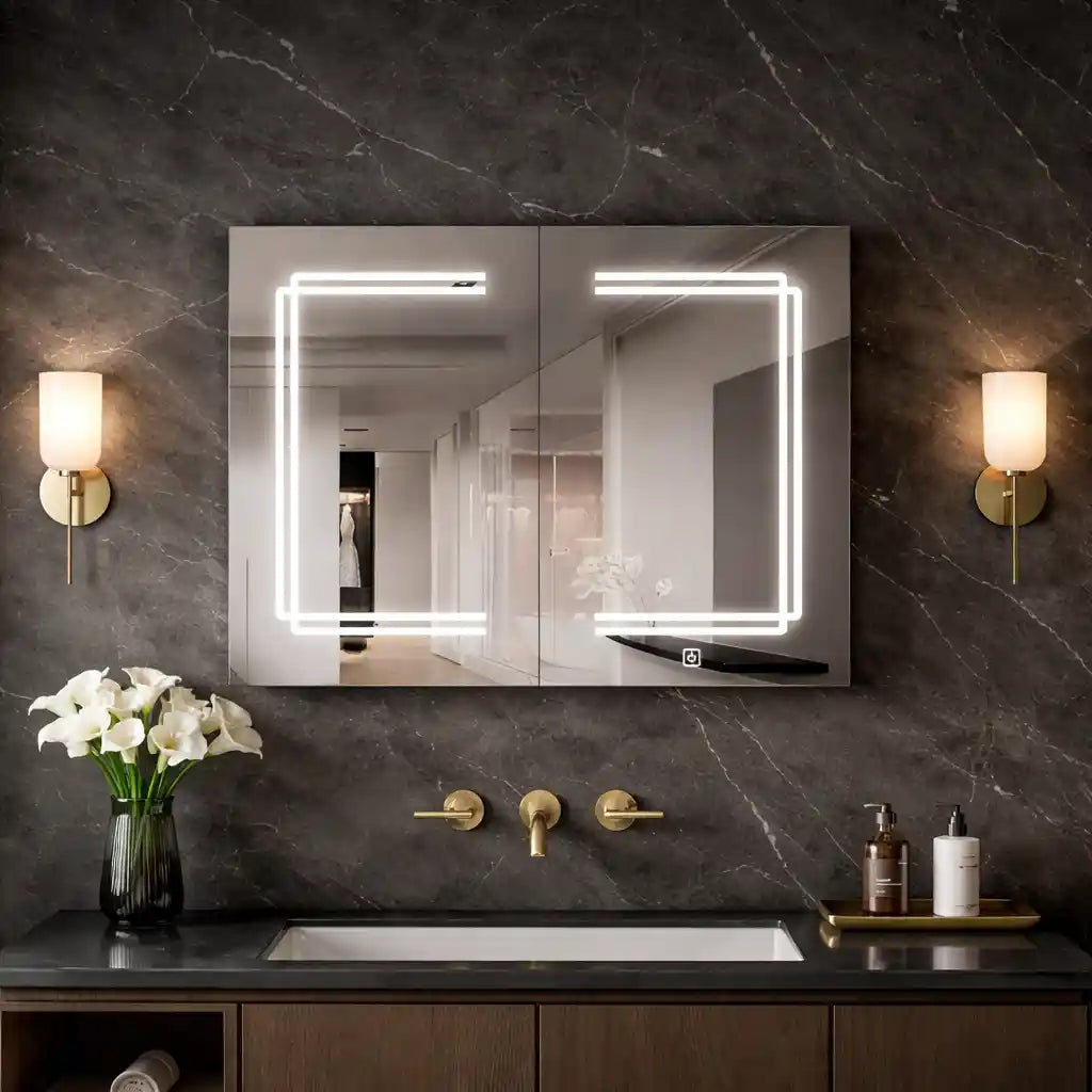 Stylish Double Panel Mirror Cabinet with LED Border and Storage