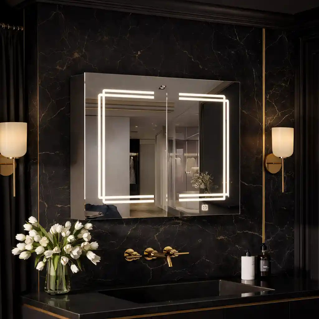 Stylish Double Panel Mirror Cabinet with LED Border and Storage