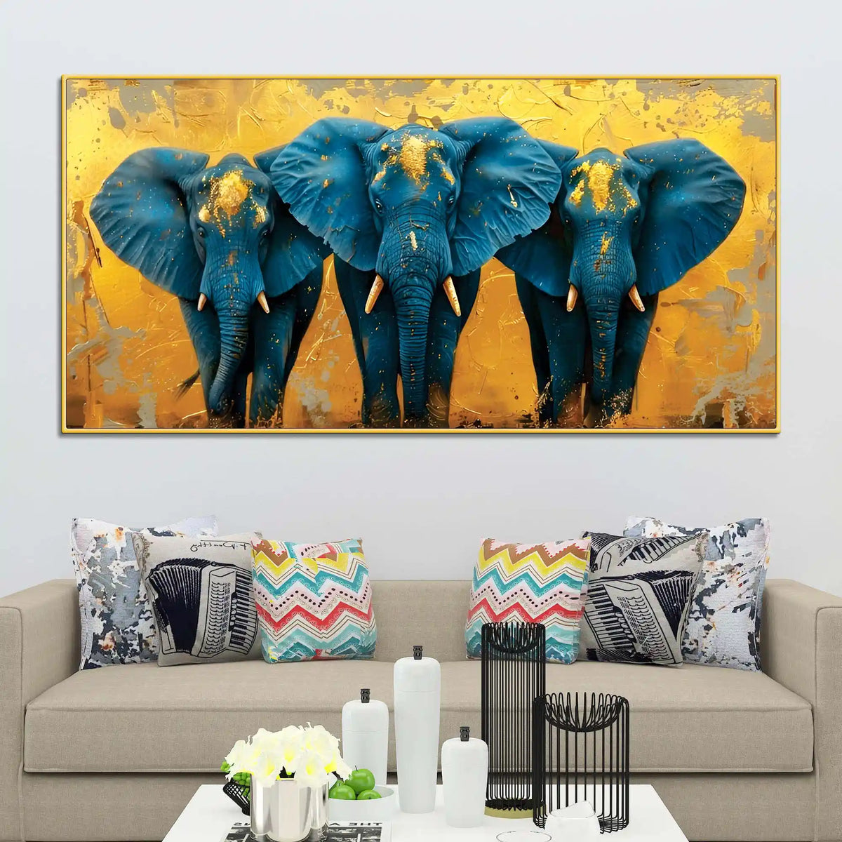 Stylish Elephant Trio Abstract Canvas Wall Painting