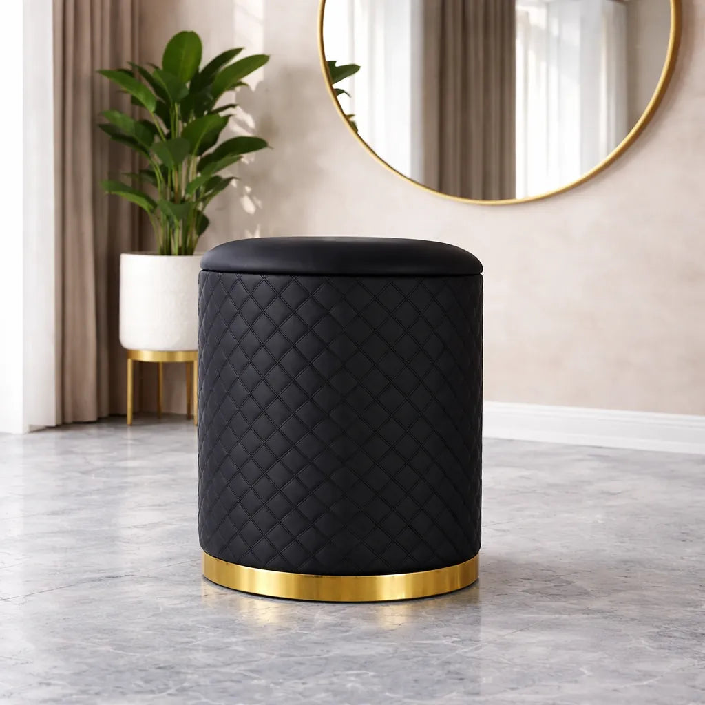 Stylish Faux Leather Pouffe with Gold Bottom Ring Design Ottoman