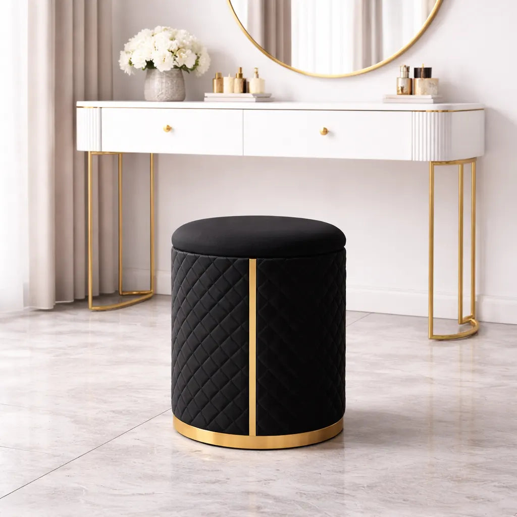 Stylish Faux Leather Pouffe with Gold Bottom Ring Design Ottoman