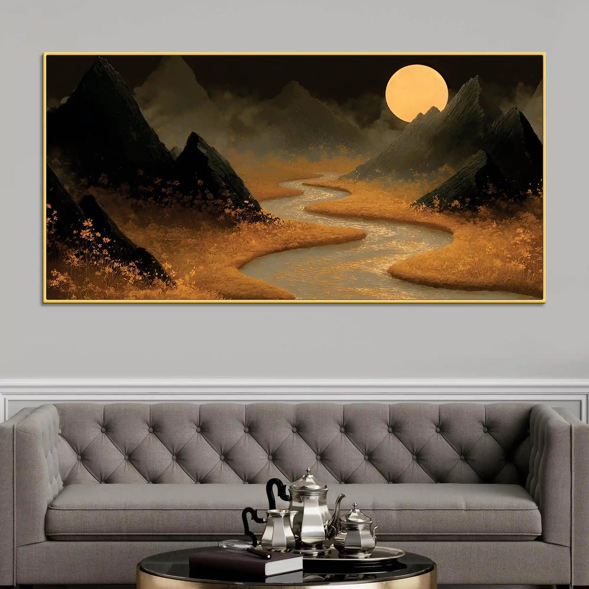 Stylish Moon River Canvas Wall Art Night Landscape Painting for Home Decor