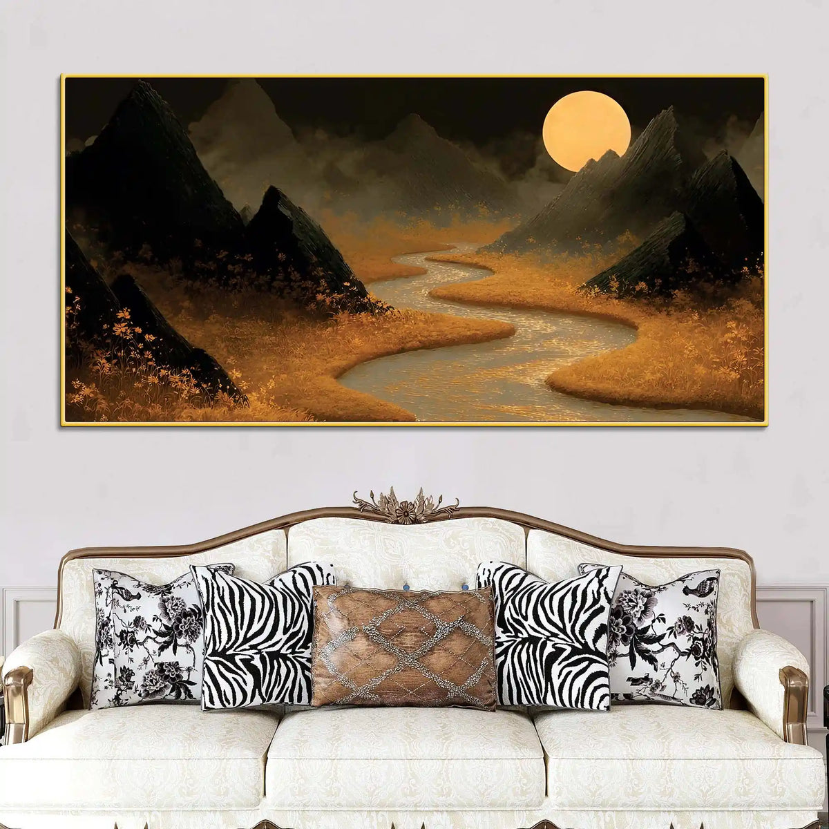 Stylish Moon River Canvas Wall Art Night Landscape Painting for Home Decor