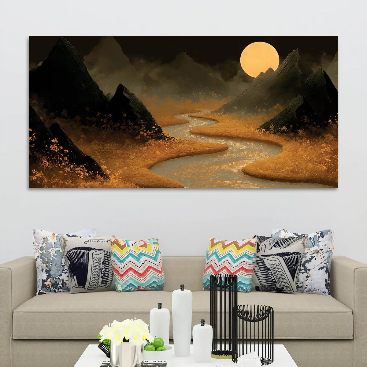 Stylish Moon River Canvas Wall Art Night Landscape Painting for Home Decor