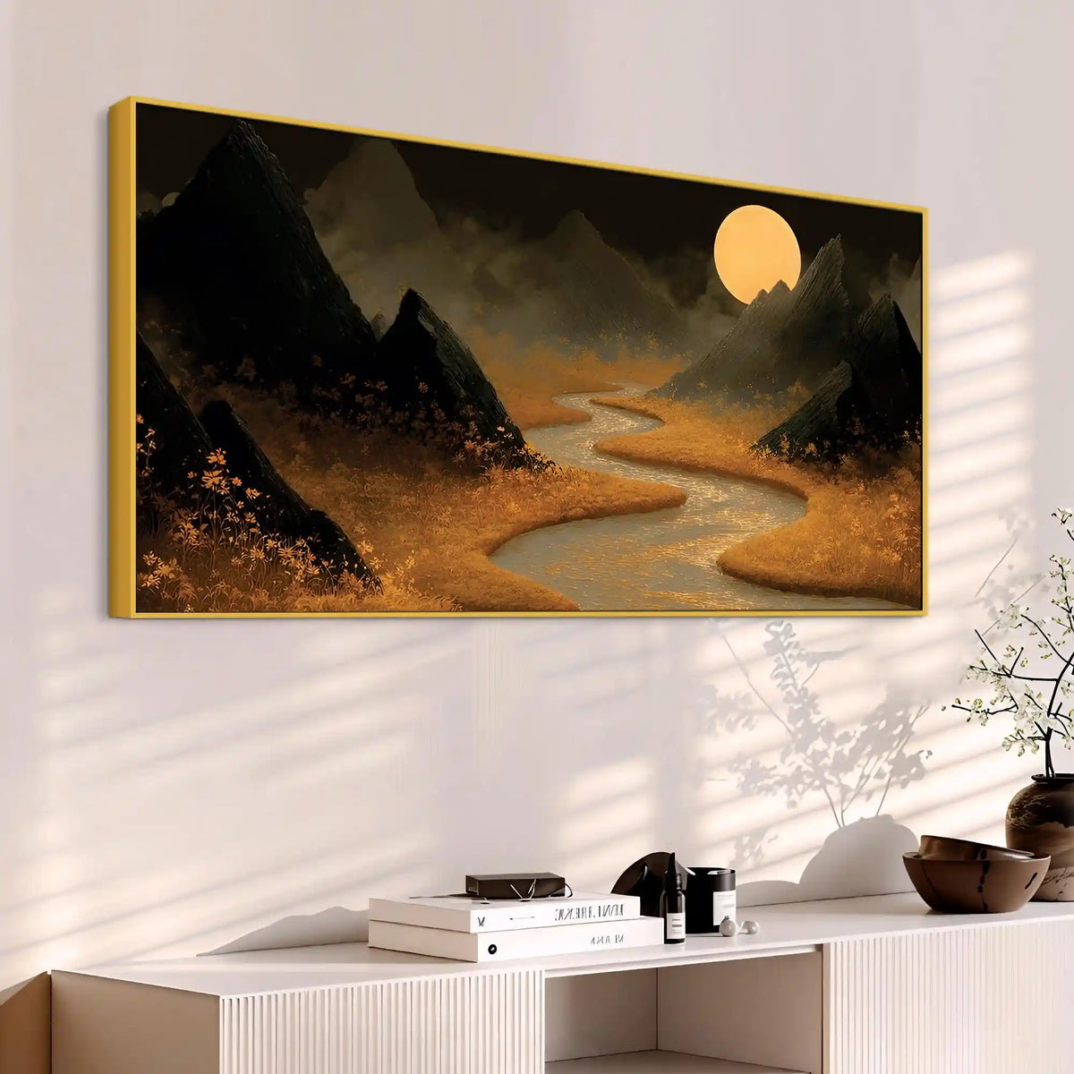 Stylish Moon River Canvas Wall Art Night Landscape Painting for Home Decor