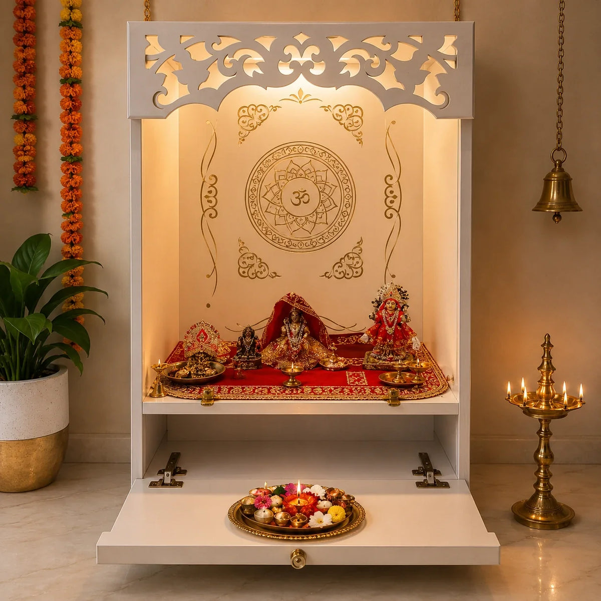 Stylish Open Pooja Mandir for Home with LED Lighting